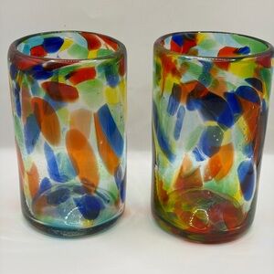 Mexican Hand Blown Glass Tumblers Multicolor Confetti Pattern